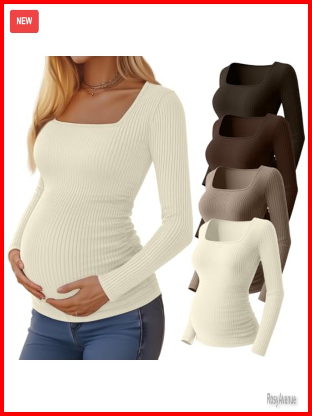 4 Pack Women's Maternity Ribbed Tops Square Neck Long Sleeve Pregnancy Shirts